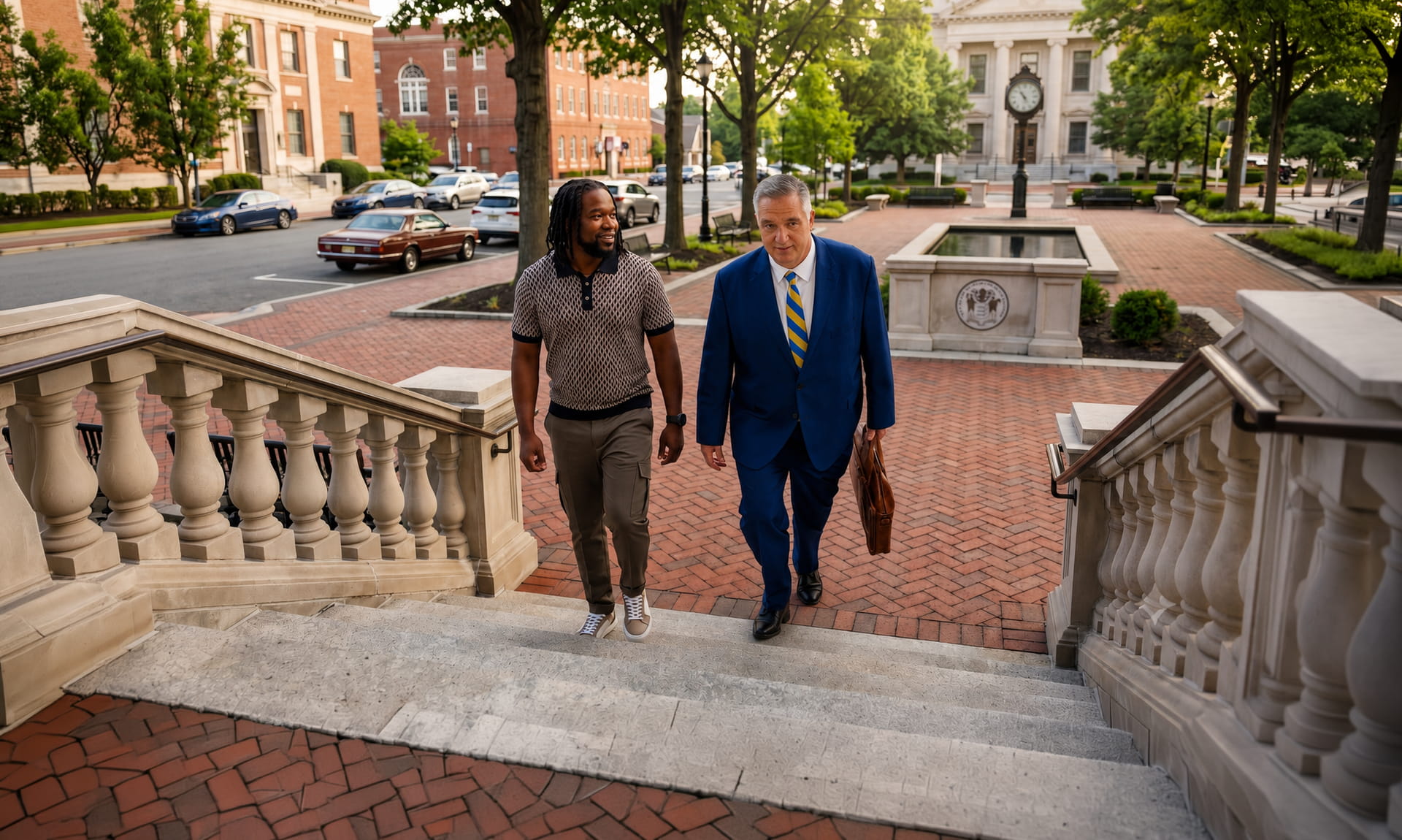 New Jersey defense attorney Stephen Jones walking into courthouse with client
